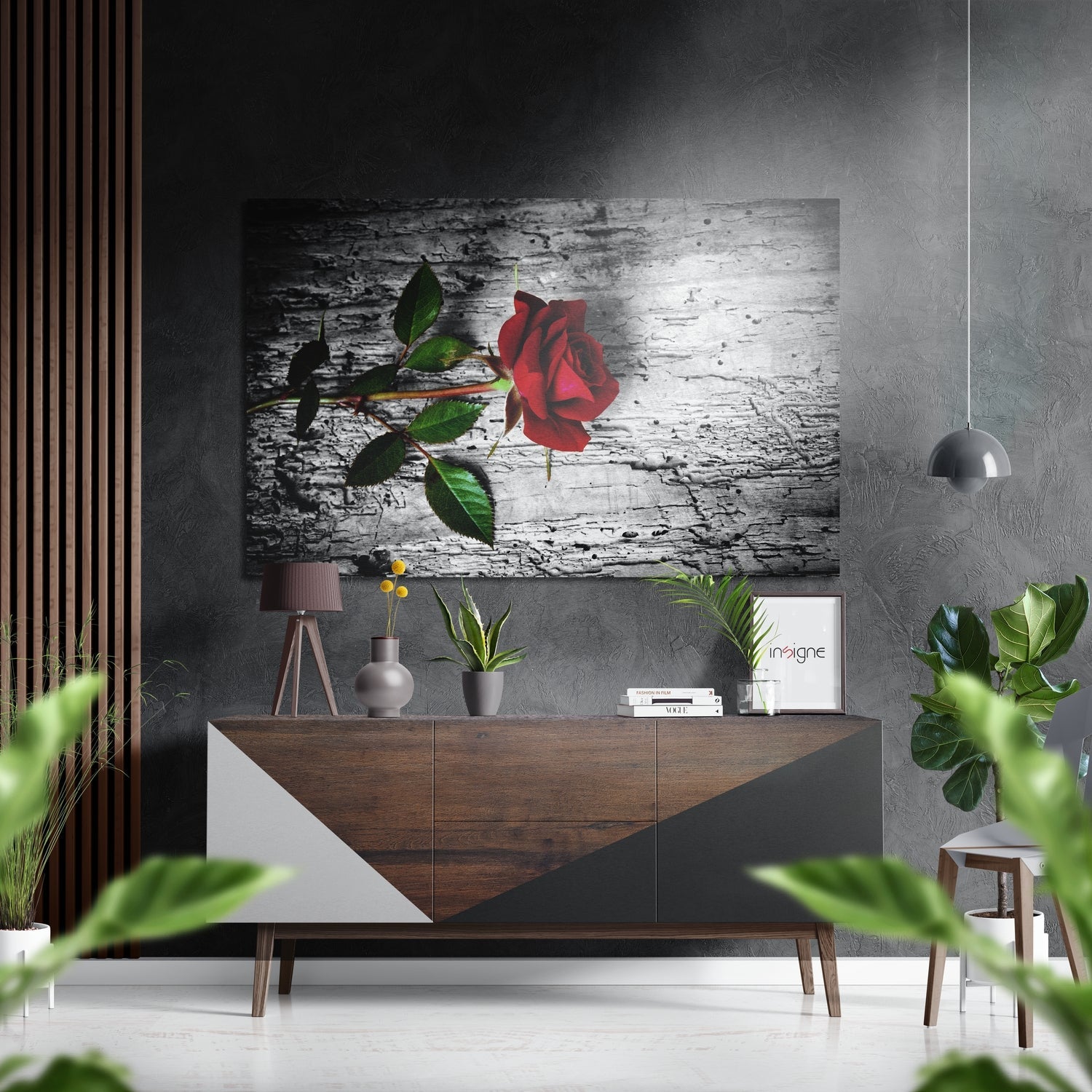 Red Rose on Weathered Wood Bark Brushed Aluminium Dibond Wall Art