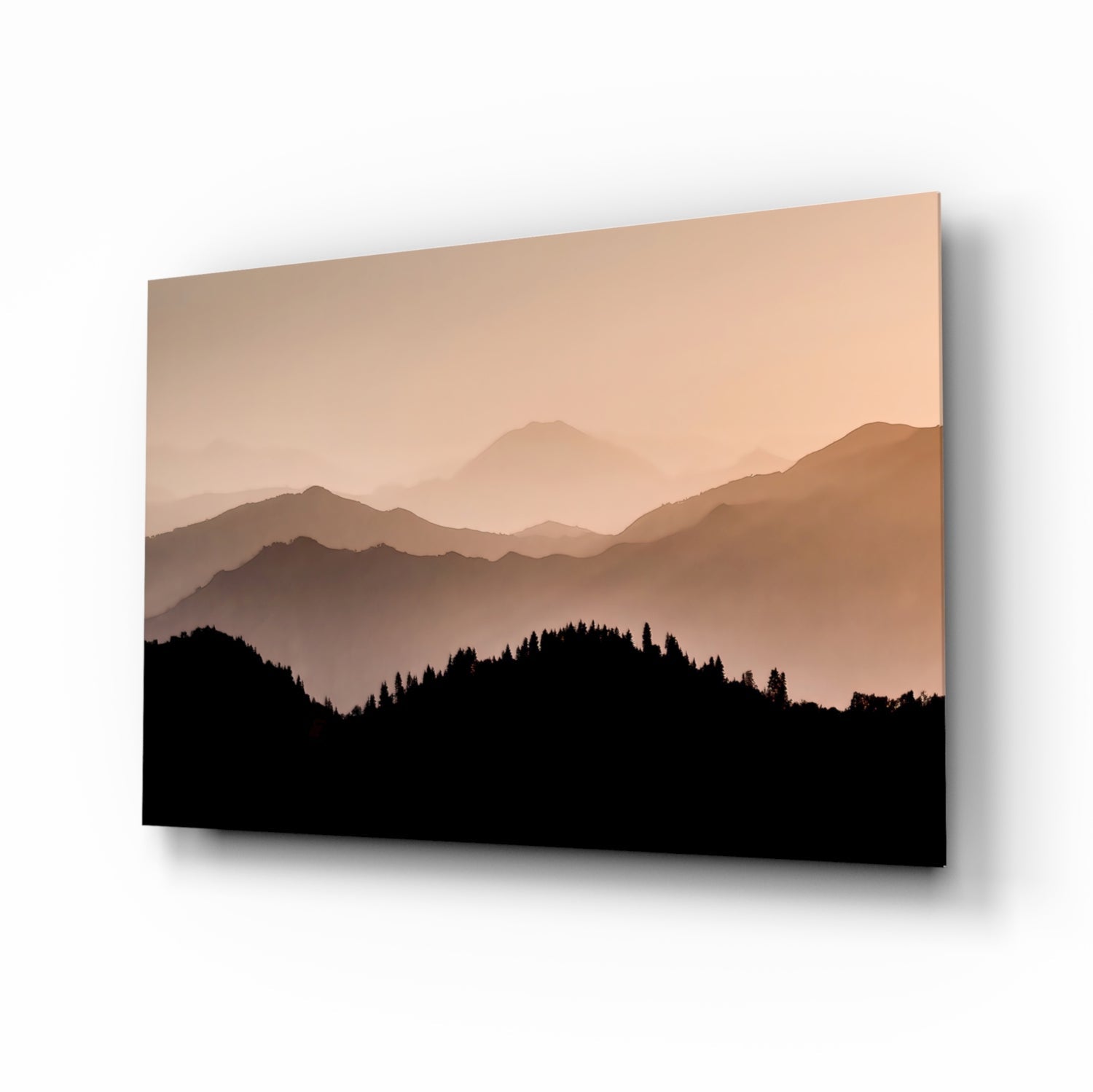 Sepia Layered Ridges and Pine Forest Glass Wall Art