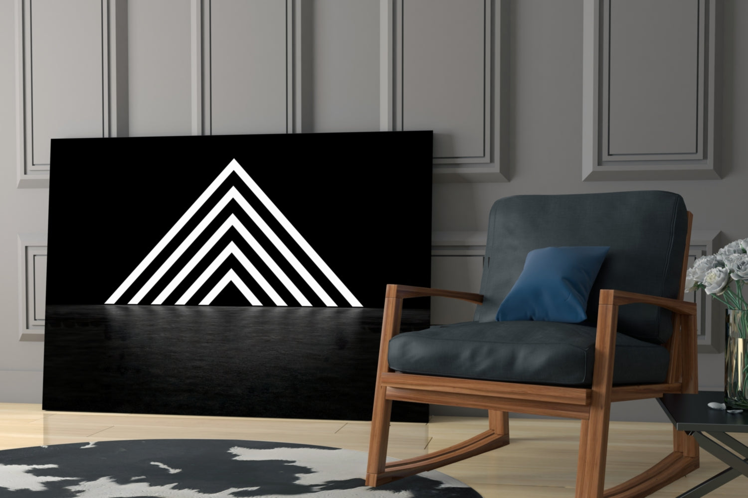Glowing Chevron Pyramid on Black Glass Wall Art