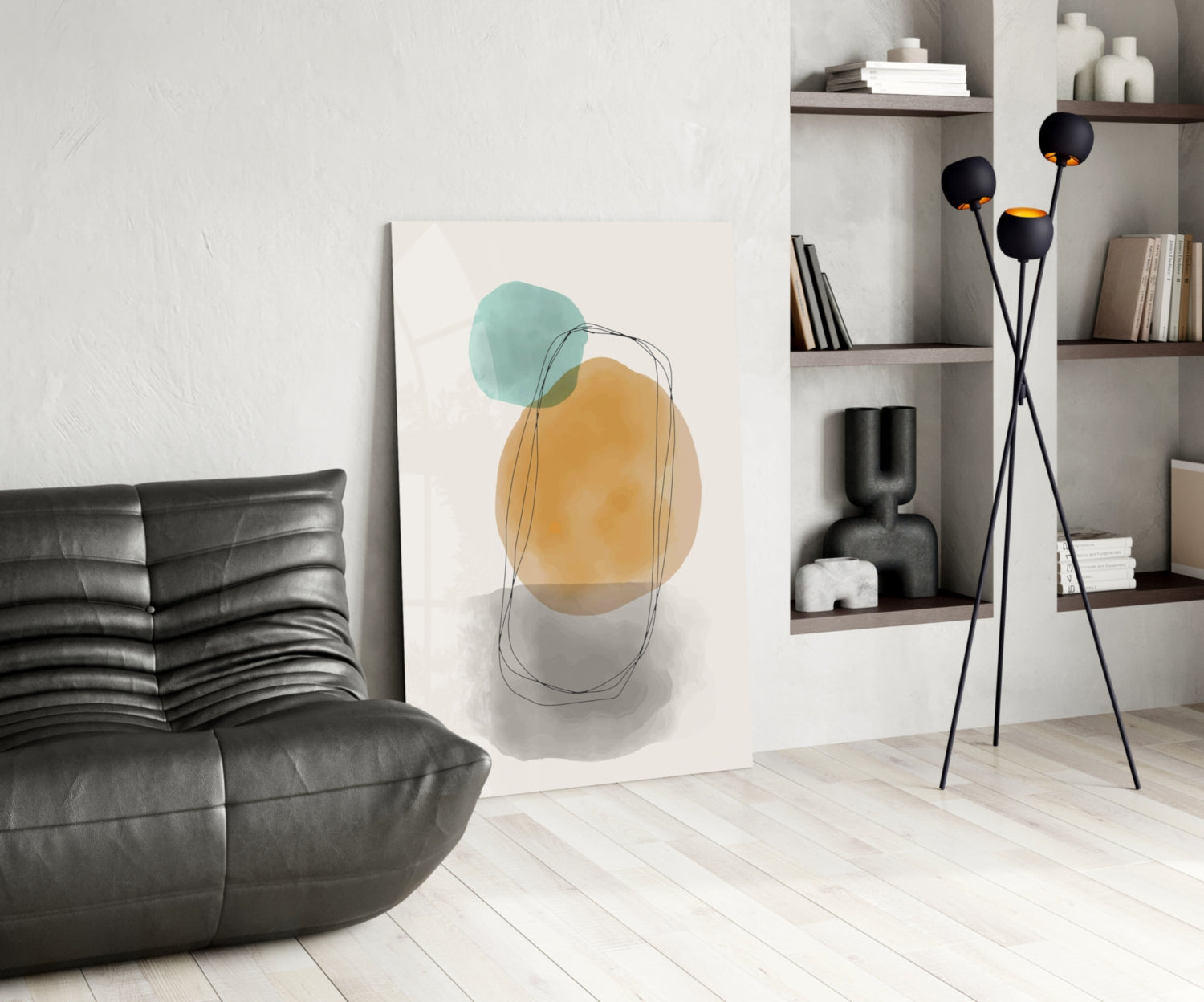 Teal Ochre Circles Line Loop Glass Wall Art