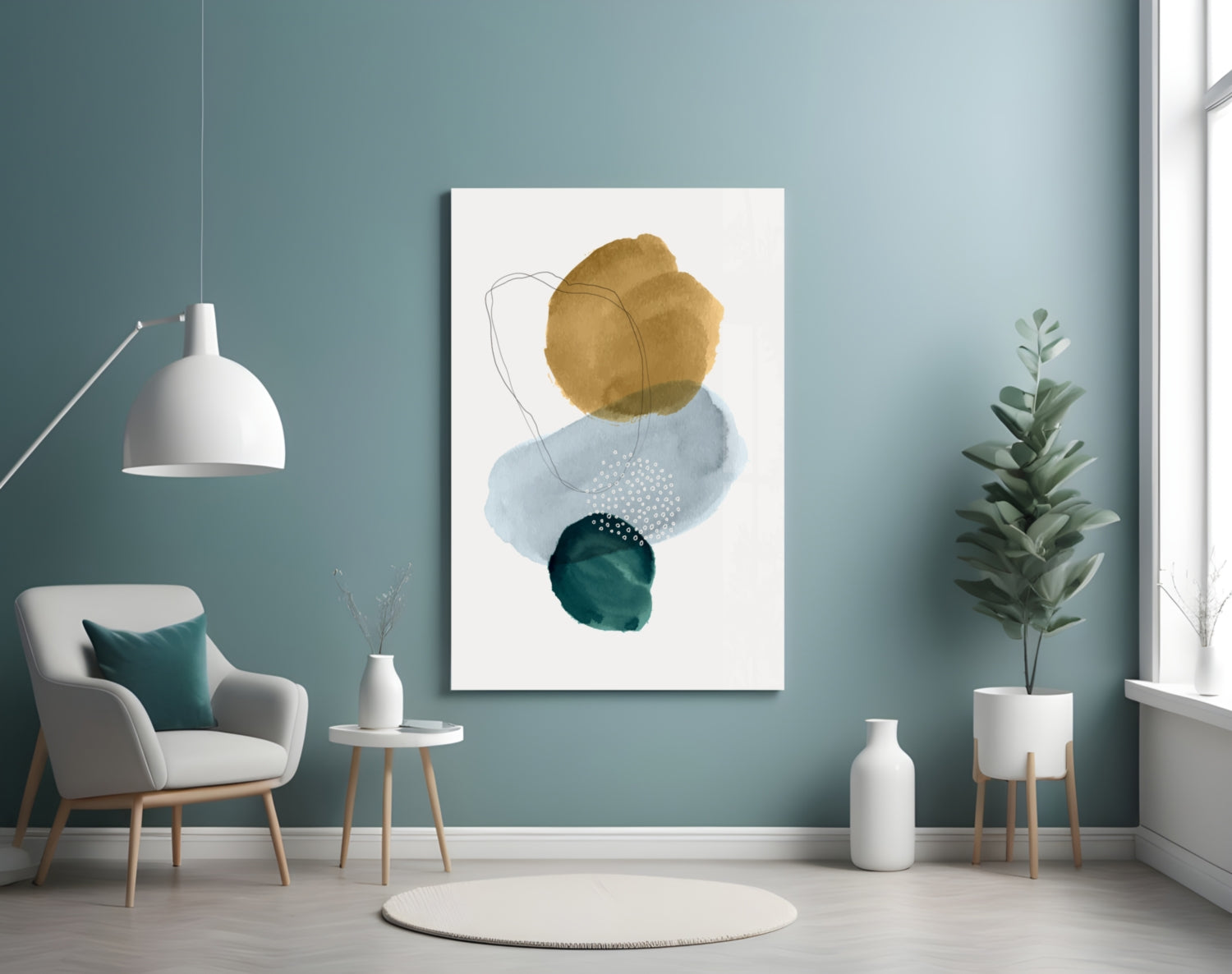 Gold Blue Teal Stacked Circles Glass Wall Art
