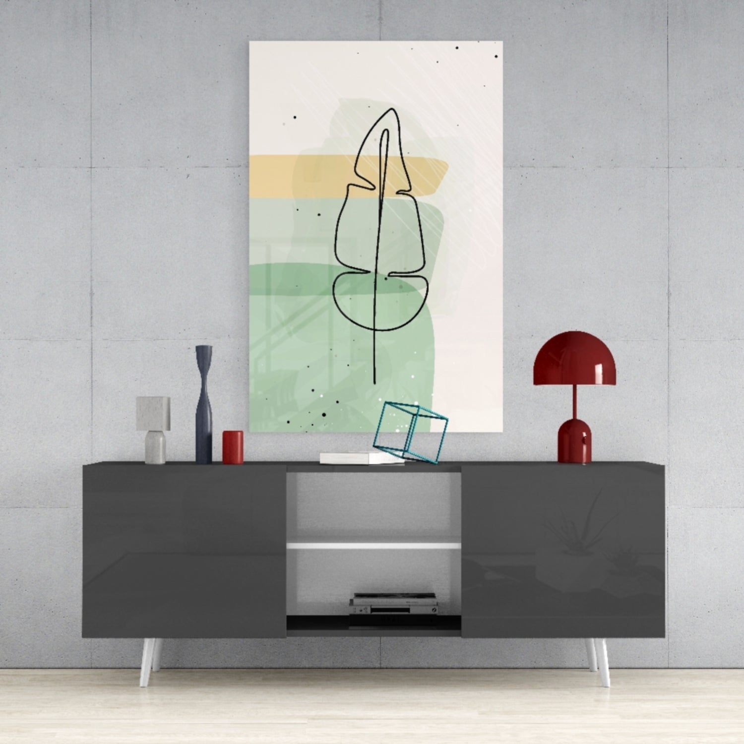 Line Art Leaf Sage Yellow Glass Wall Art
