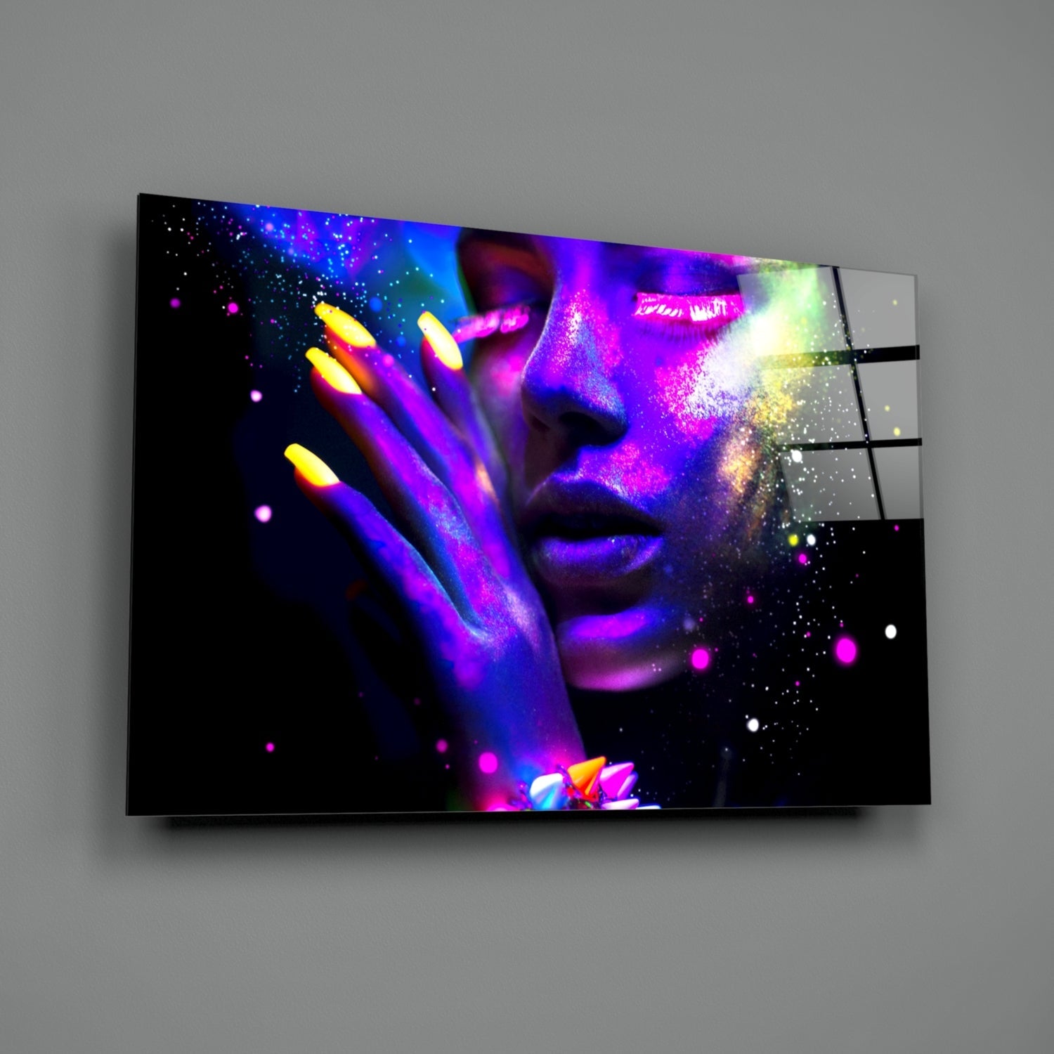 Neon Paint Face Glowing Nails Glass Wall Art