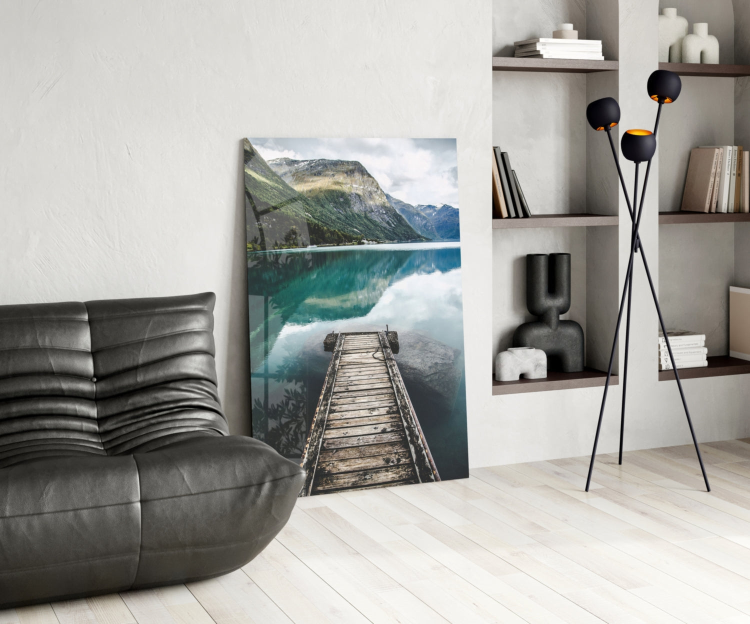 Turquoise Fjord Mountain Jetty Glass Wall Art