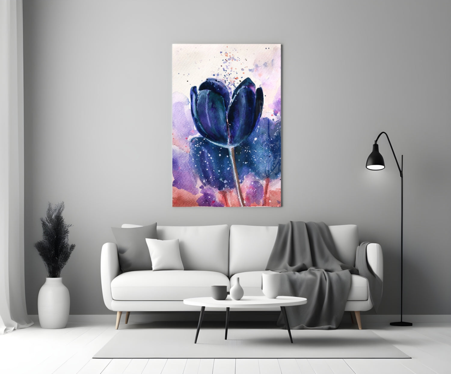 Navy Indigo Tulip on Lilac Wash Glass Wall Art