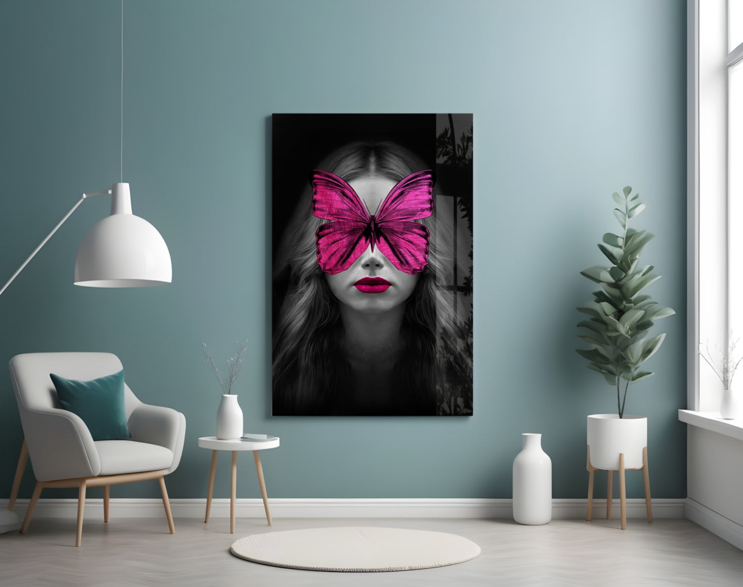Magenta Butterfly Mask Woman Portrait Glass Wall Art