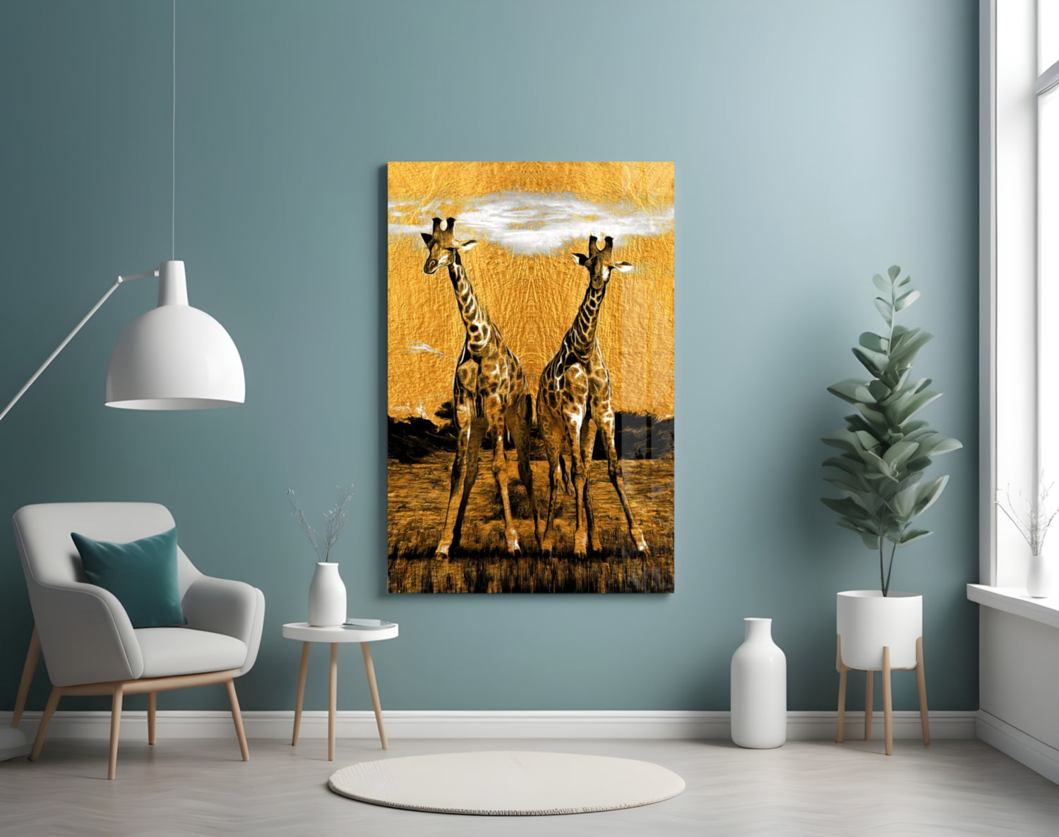 Amber Sun Two Walking Giraffes Glass Wall Art