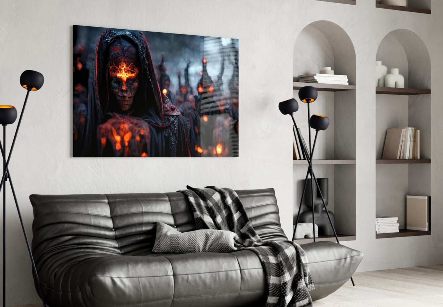Hooded Figure Fiery Emblem Glass Wall Art