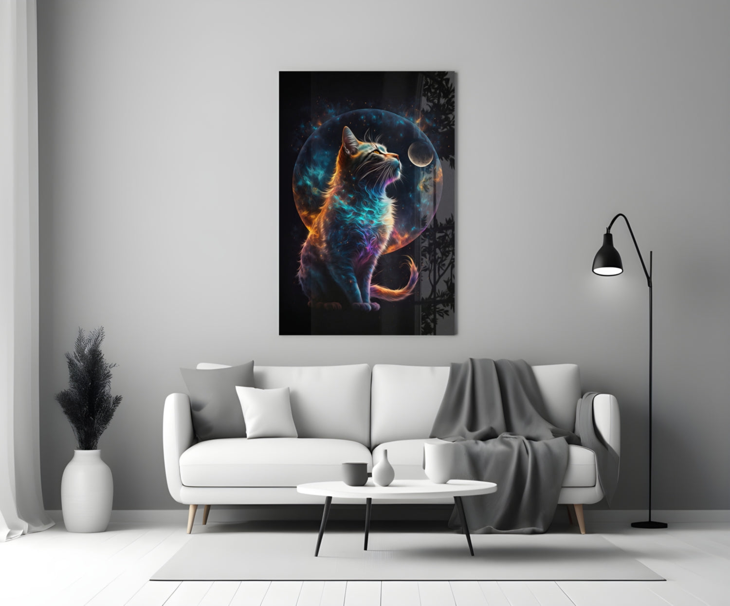 Nebula Fur Cat With Crescent Moon Glass Wall Art