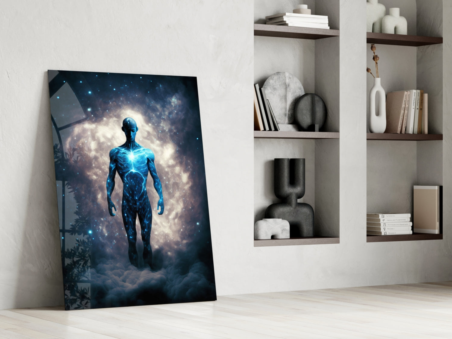 Starlit Figure Rising Over Clouds Glass Wall Art