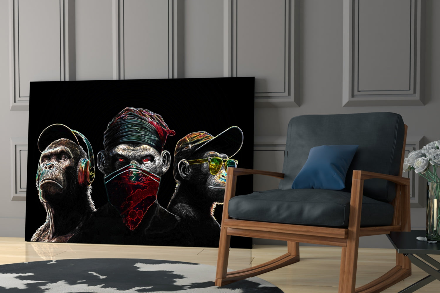 3 Wise Monkeys - Neon Lines Glass Wall Art || Designer Collection