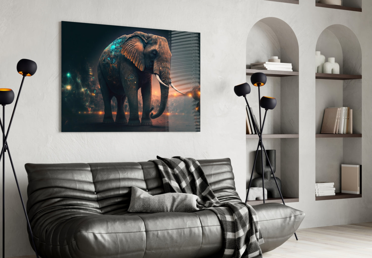 Glowing Ember City Night Elephant Glass Wall Art