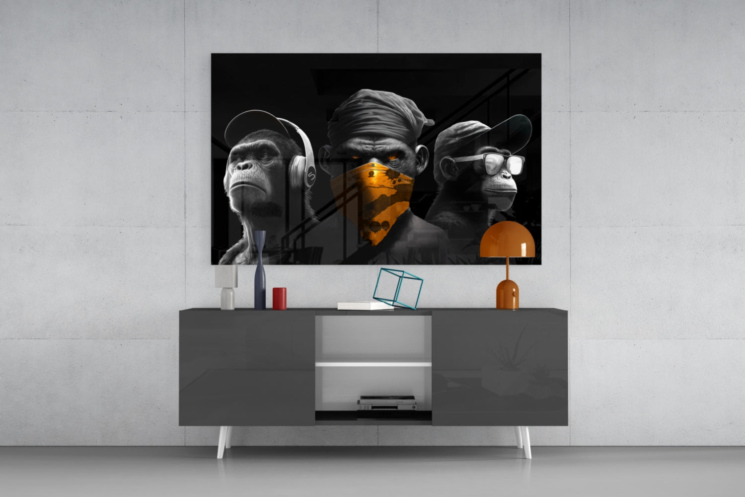 3 Wise Monkeys Chrome Edition Glass Wall Art || Designer Collection