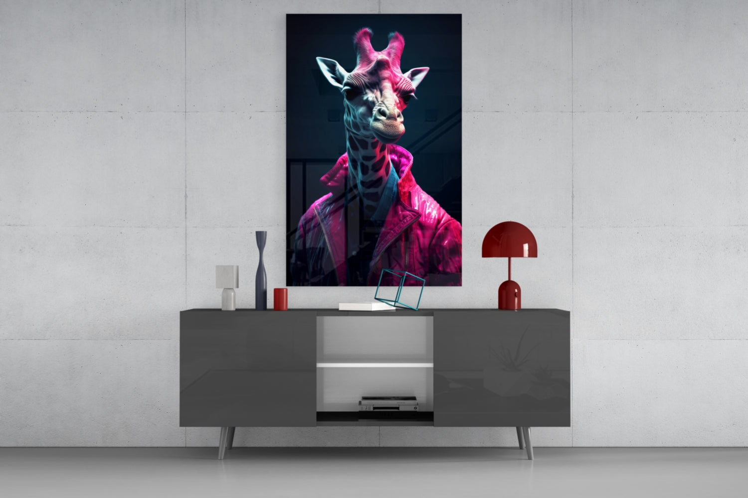 Neon Pink Jacket Giraffe Glass Wall Art