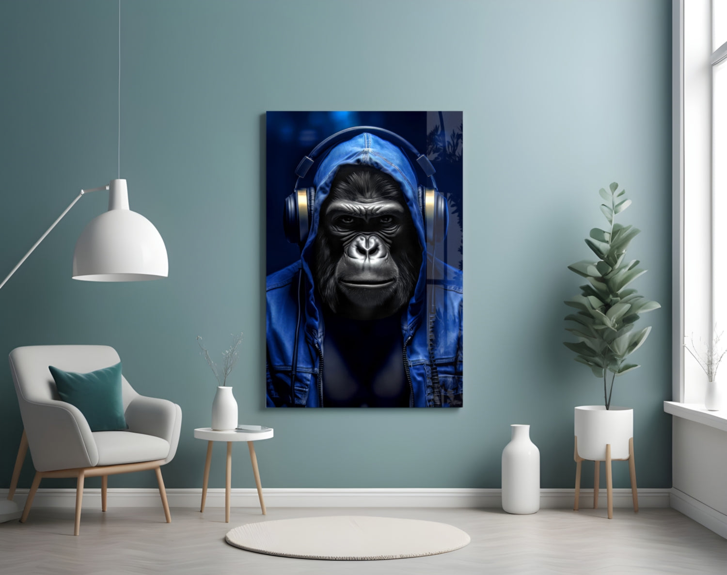 Blue Hoodie Headphones Gorilla Glass Wall Art