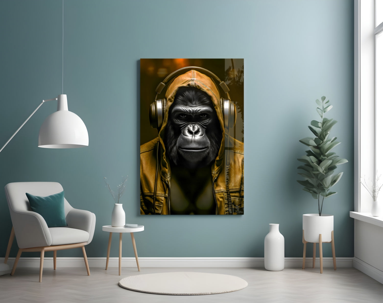 Blue Hoodie Headphones Gorilla Glass Wall Art