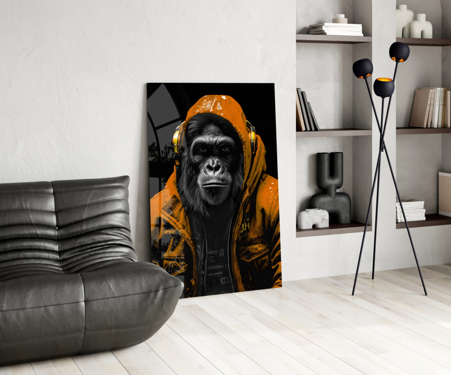 Orange Hooded Gorilla Headphones Glass Wall Art