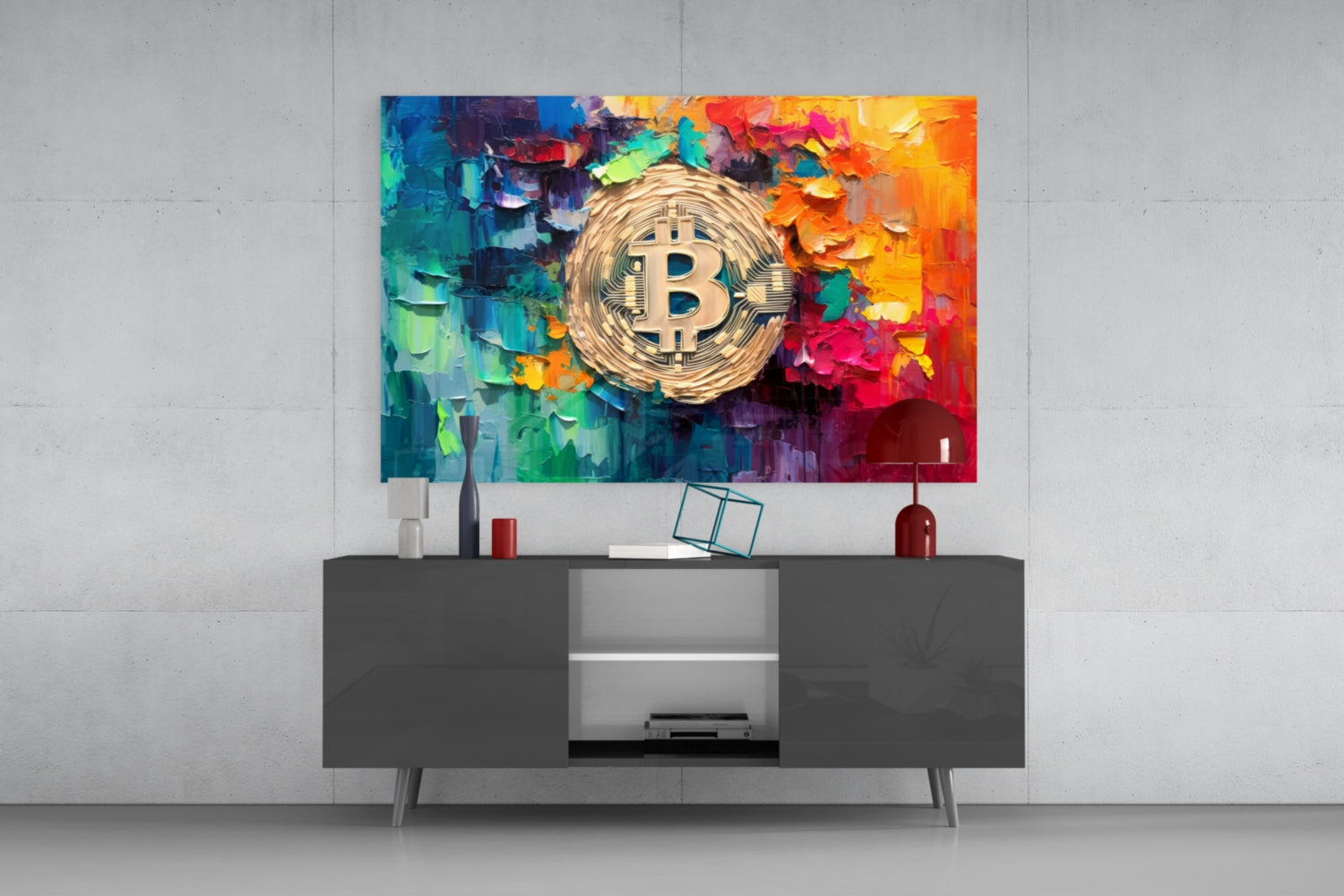 Palette Knife Rainbow Bitcoin Glass Wall Art