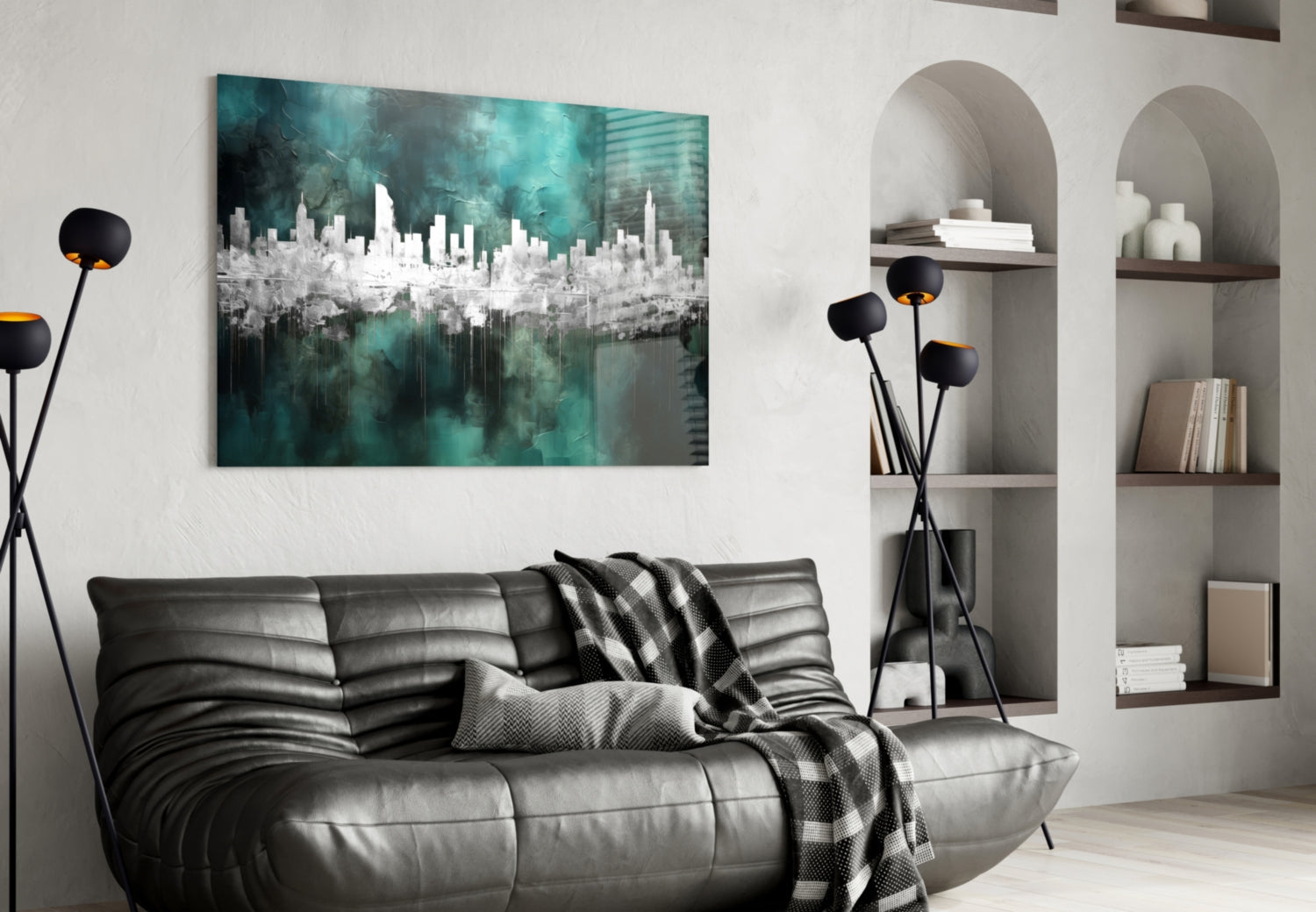 Teal Reflected City Skyline Glass Wall Art