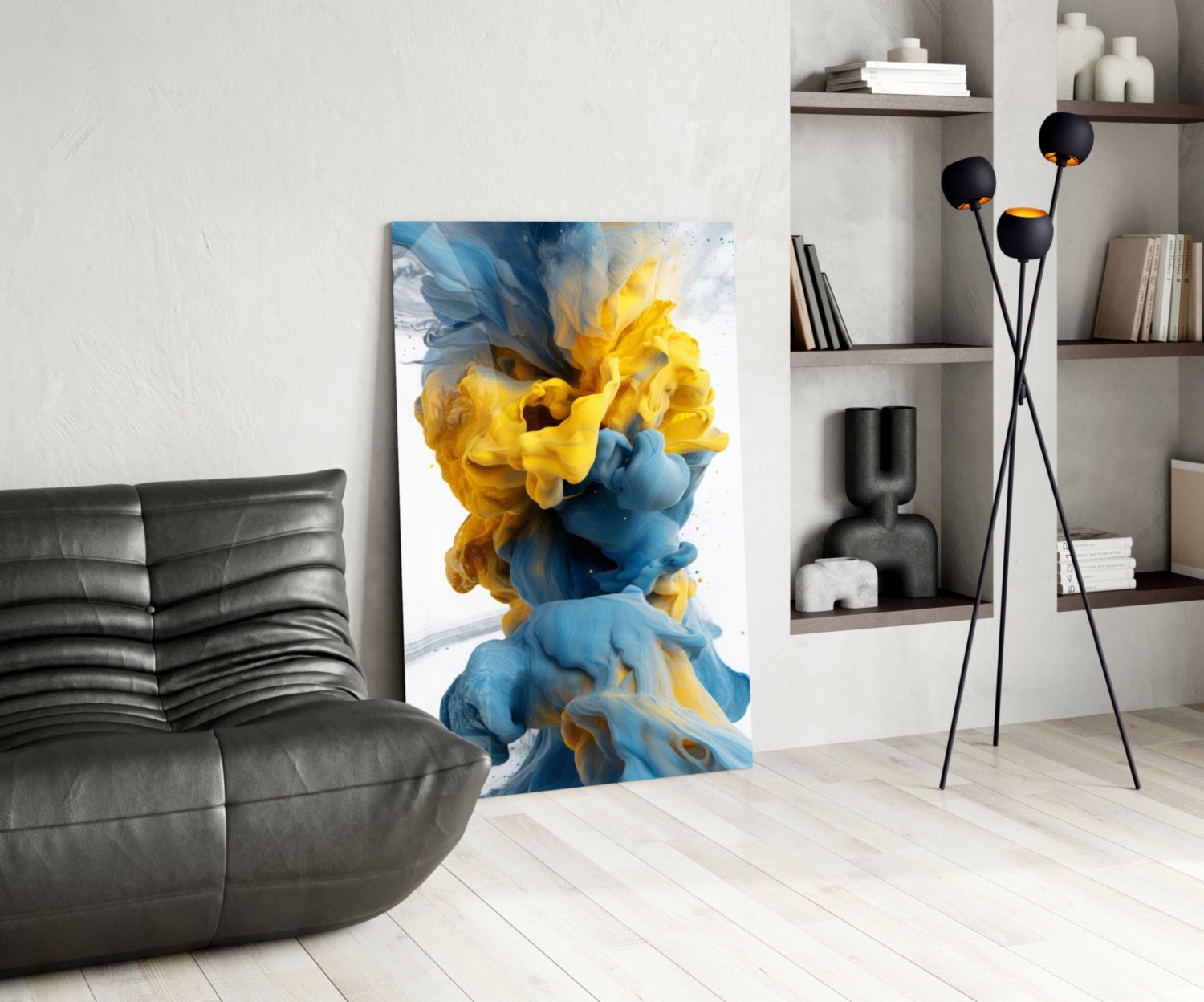 Blue And Yellow Ink Swirl Abstract Glass Wall Art