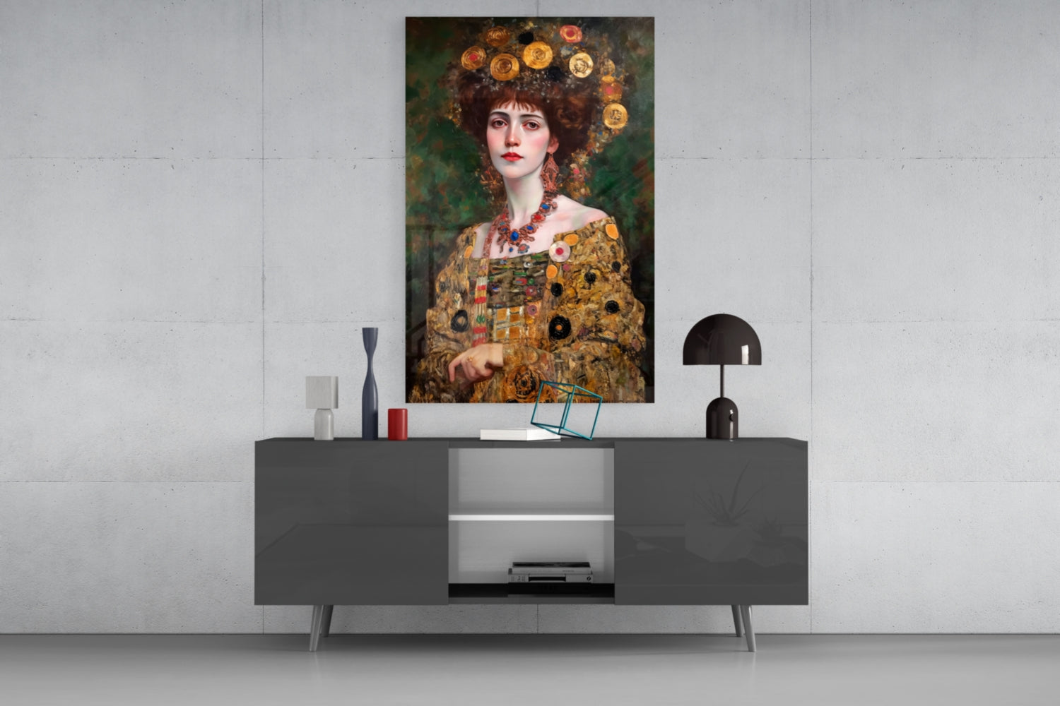 Klimt Style Floral Crown Portrait Glass Wall Art