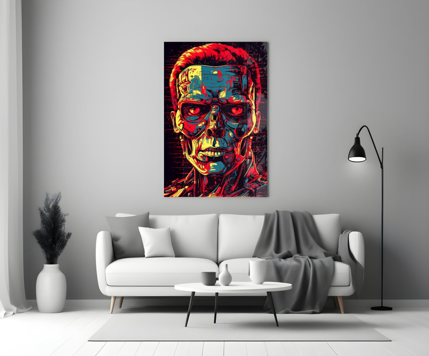 Red And Yellow Pop Cyborg Face Glass Wall Art