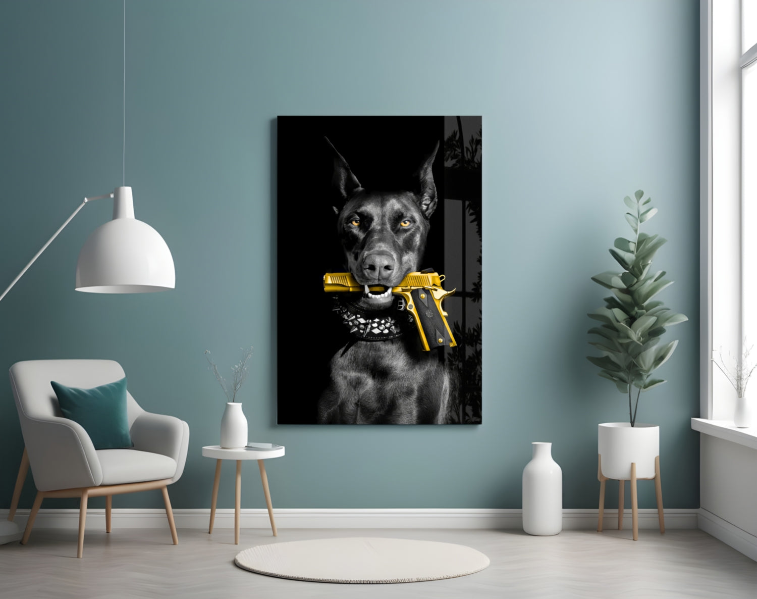 Doberman Holding Gold Pistol Glass Wall Art