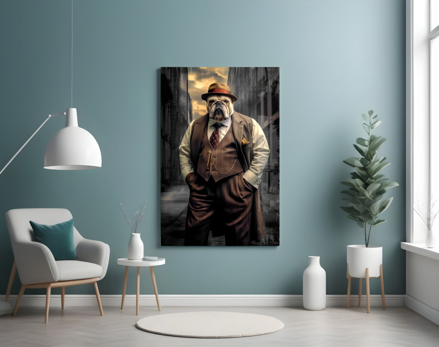 Bulldog In Brown Suit And Fedora Glass Wall Art