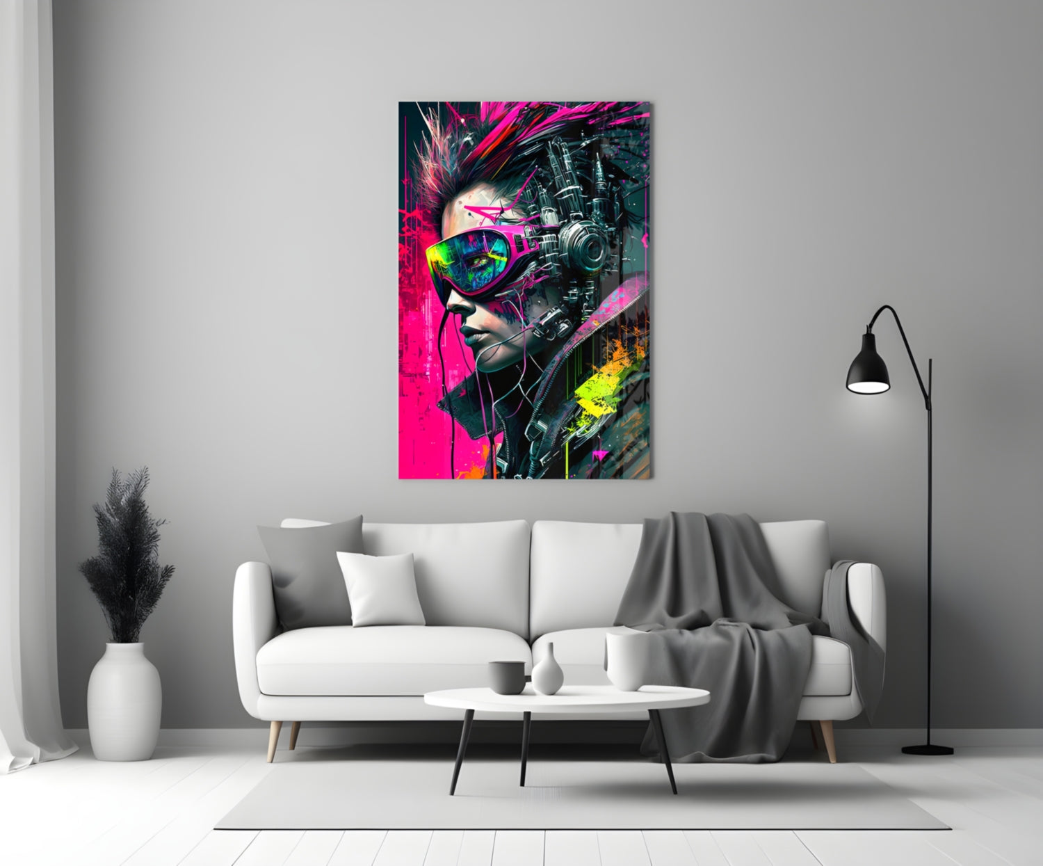 Cyber Woman in Neon Pink Visor Glass Wall Art