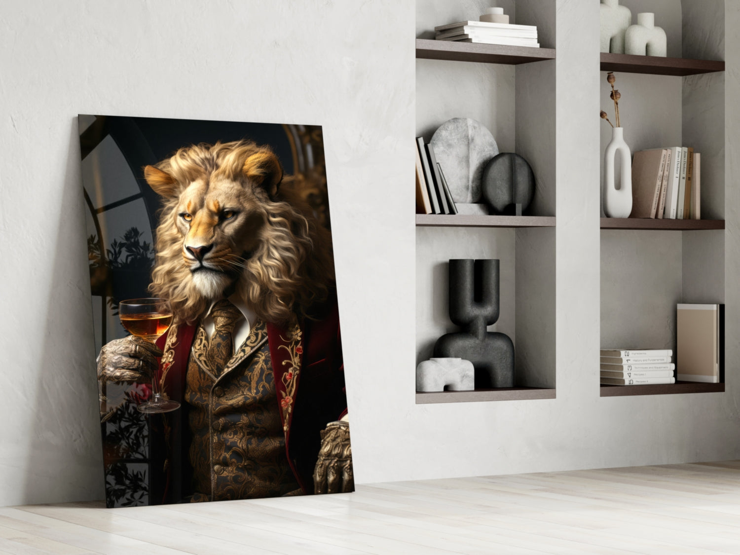 Lion in Crimson Military Coat Glass Wall Art