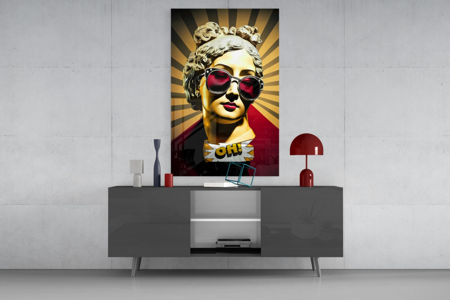Golden Statue Head Sunburst Rays Glass Wall Art