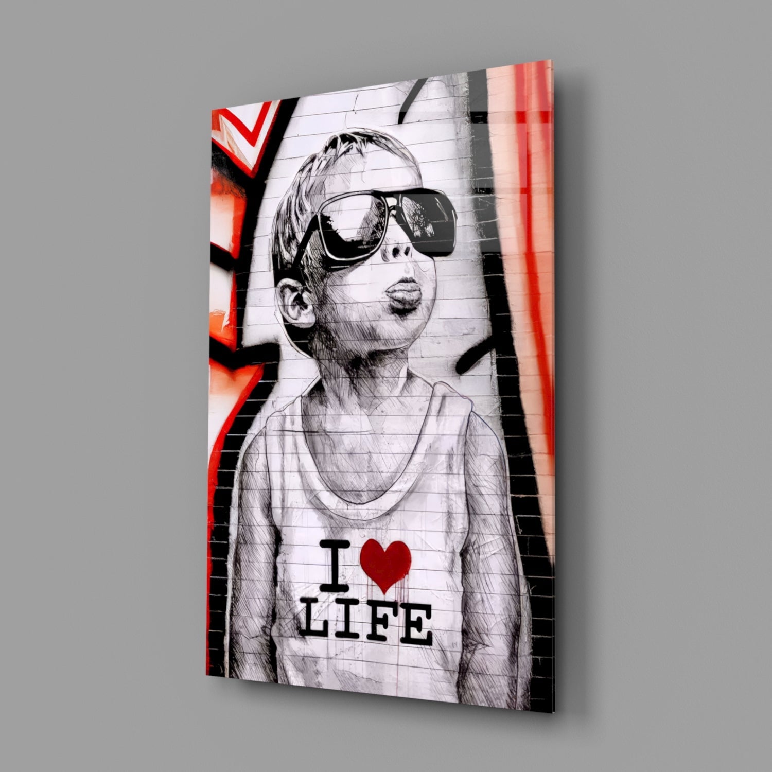 Red Graffiti Sunglasses Boy Glass Wall Art