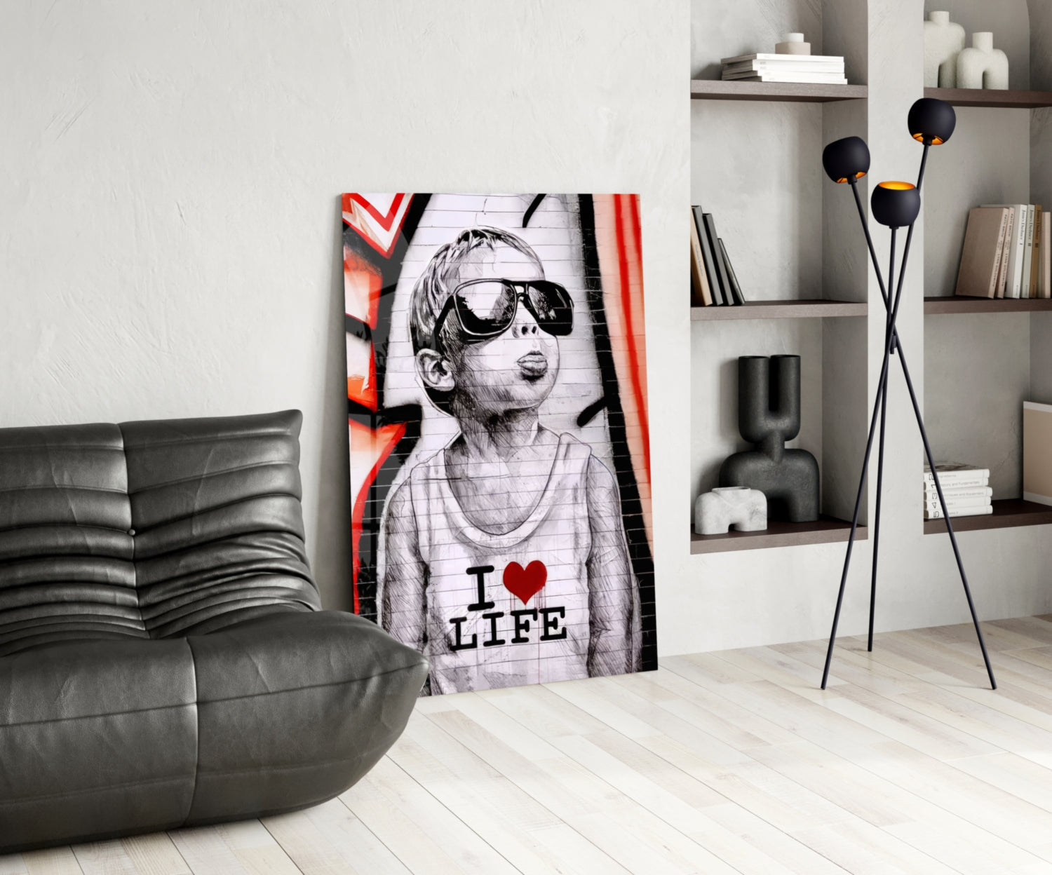 Red Graffiti Sunglasses Boy Glass Wall Art