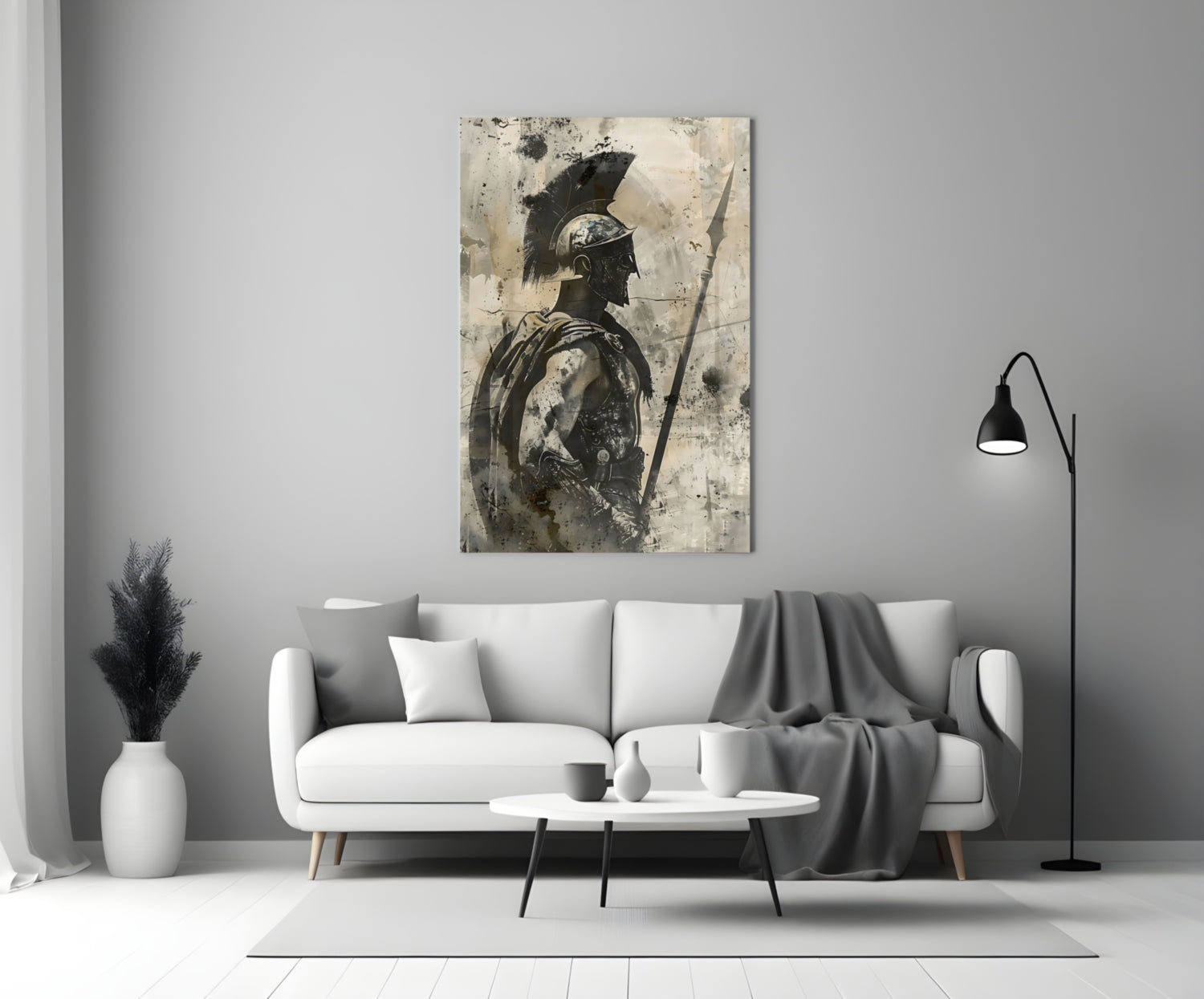 Sepia Spartan With Spear Glass Wall Art