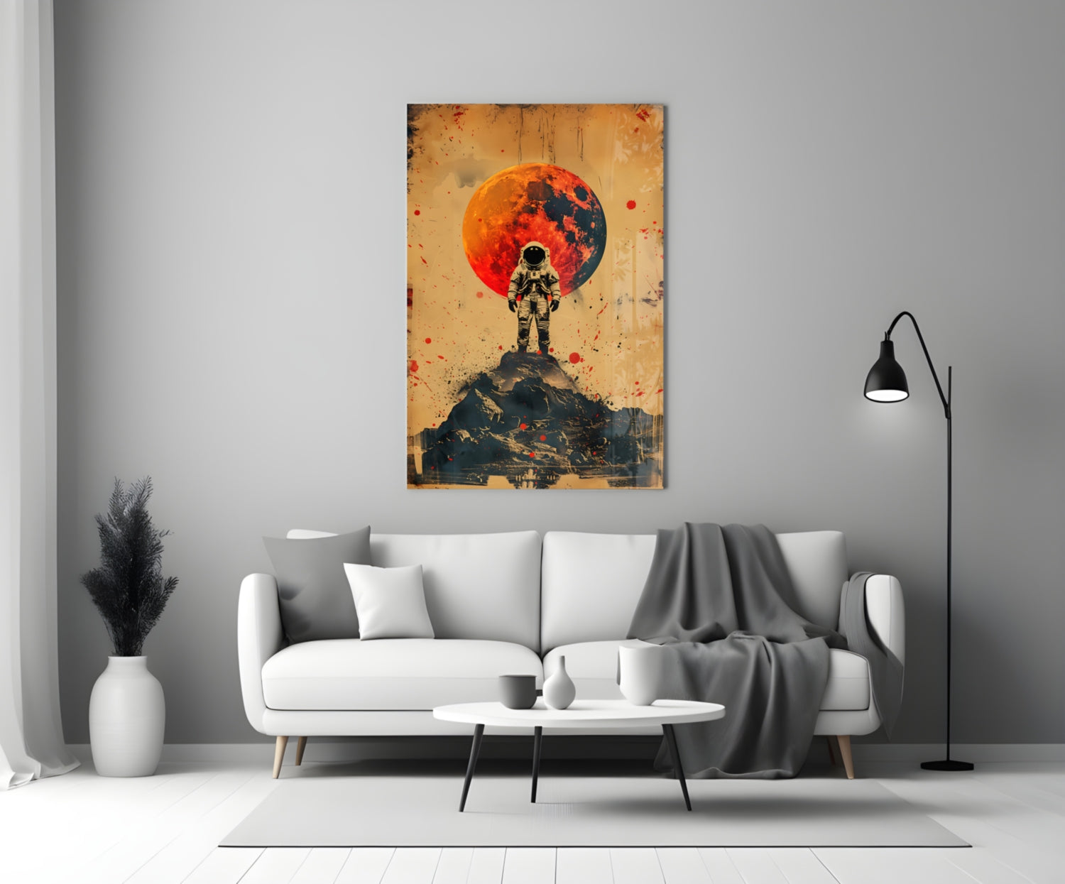 Red Moon Mountain Astronaut Glass Wall Art