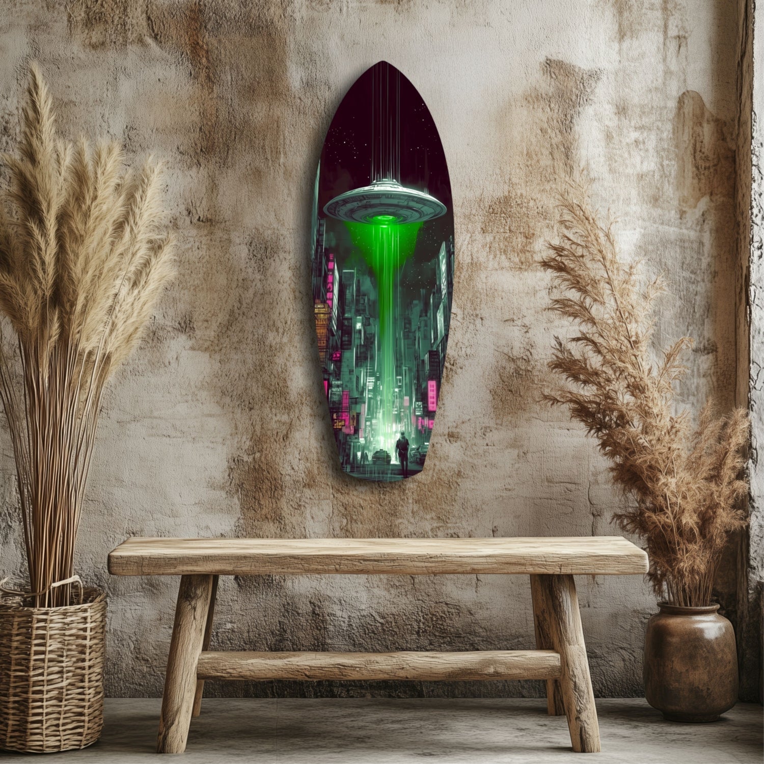 Green Beam UFO Over Neon City Glass Wall Art