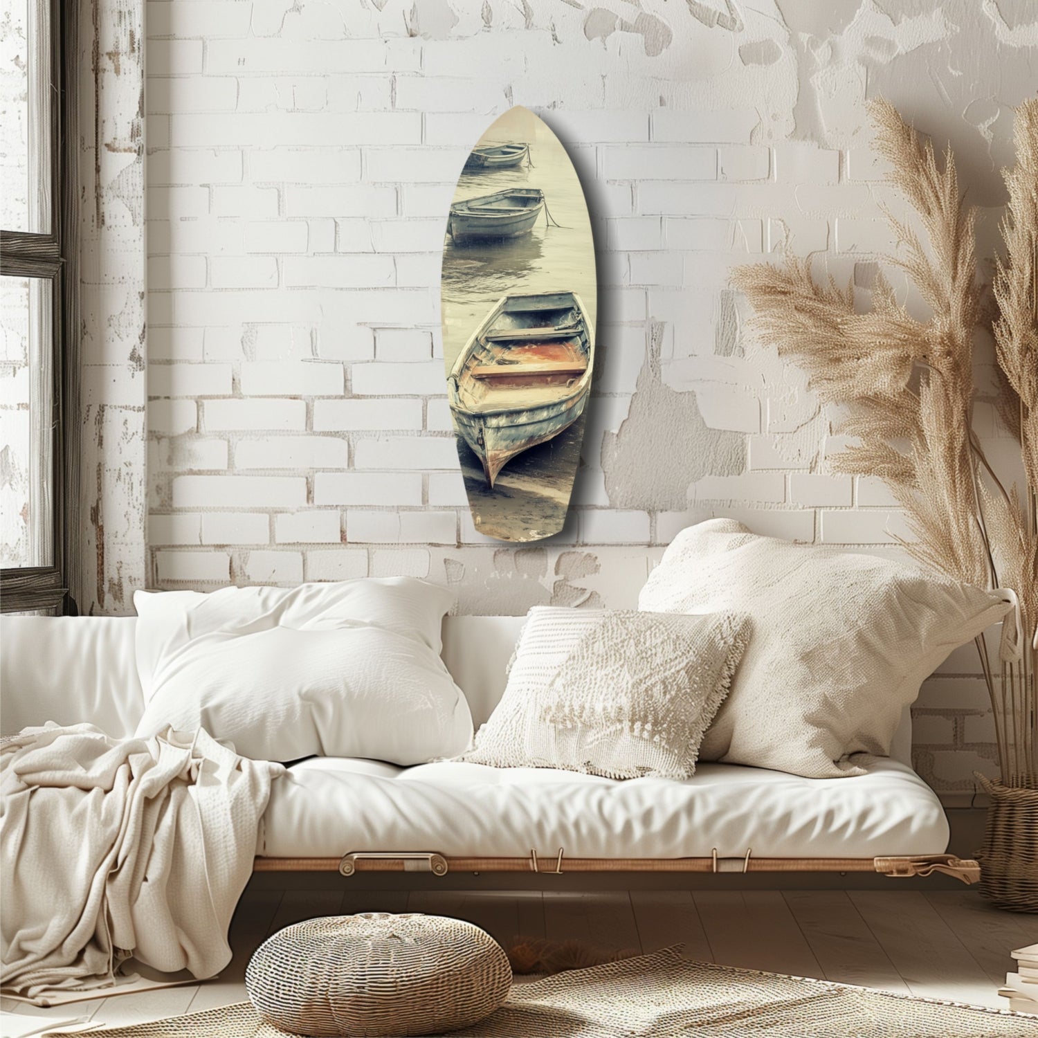 Moored Rowboats on Misty Shore Glass Wall Art