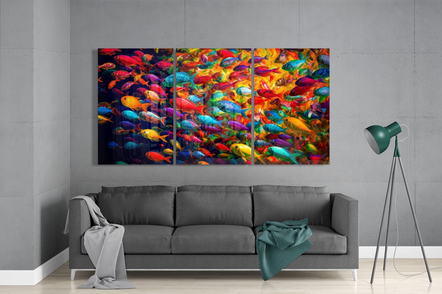 Rainbow Fish School Triptych Glass Wall Art