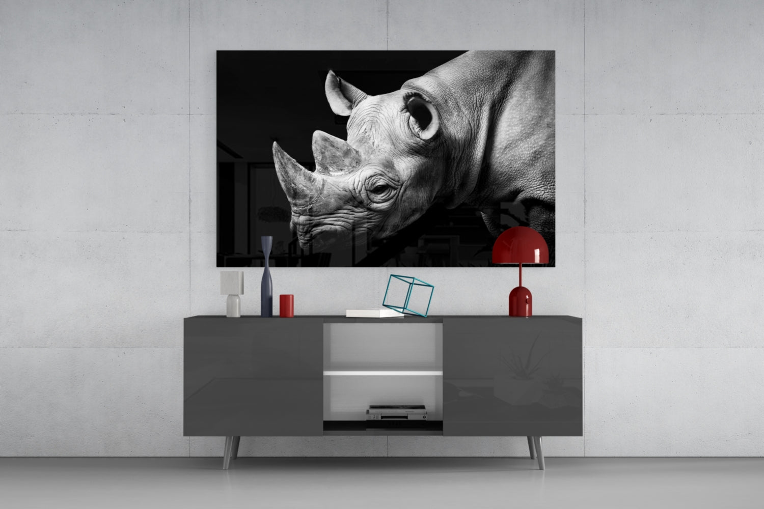 Black and White Rhino Portrait Glass Wall Art