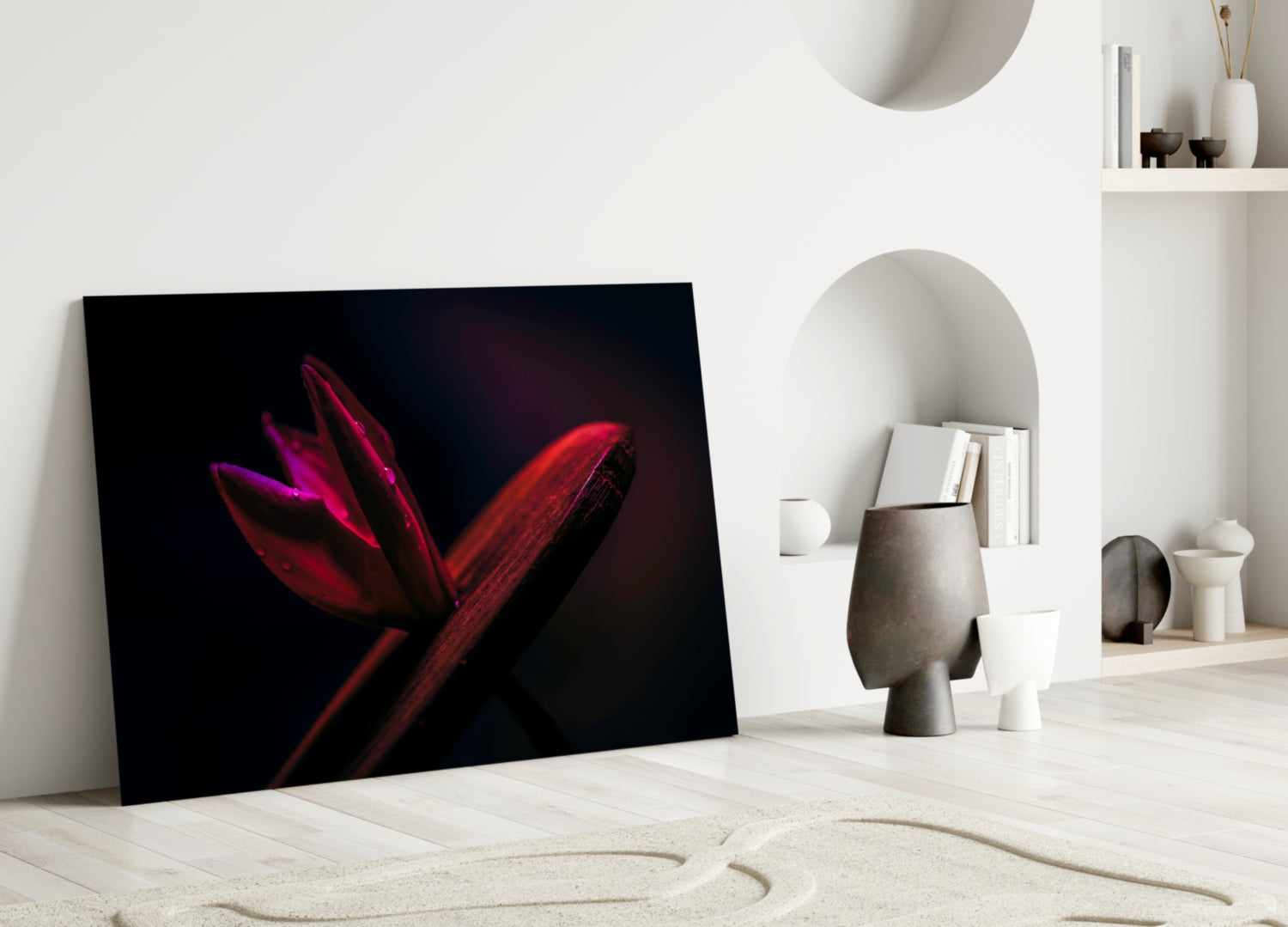 Crimson Flower Bud Dark Macro Glass Wall Art