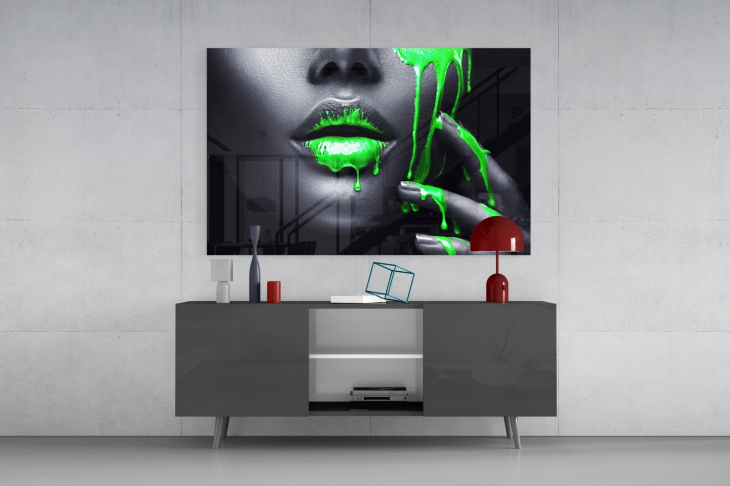 Green Paint Drip Lips Glass Wall Art
