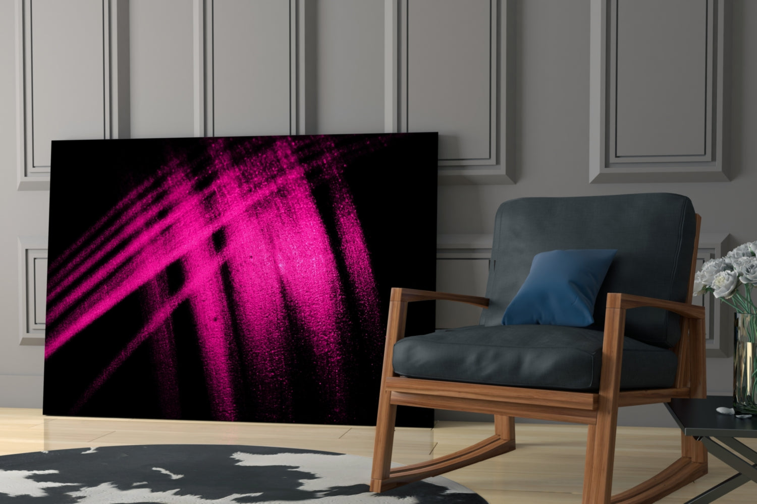 Magenta Powder Streaks on Black Glass Wall Art
