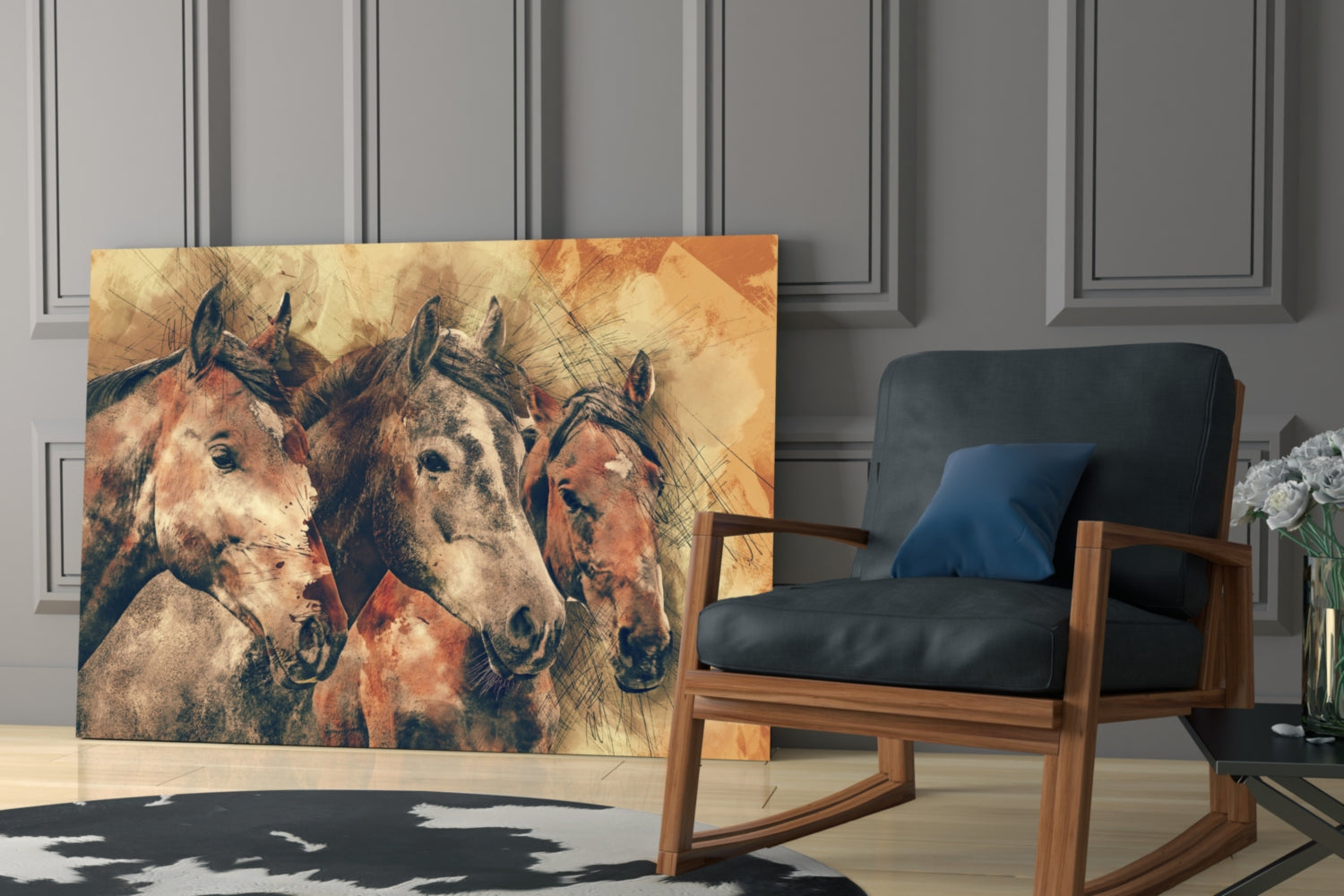 Three Horse Heads Sepia Sketch Glass Wall Art