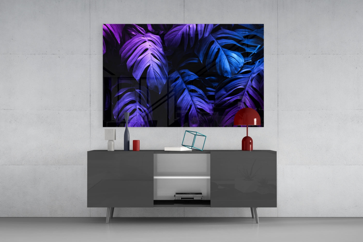 Neon Blue Violet Monstera Glass Wall Art