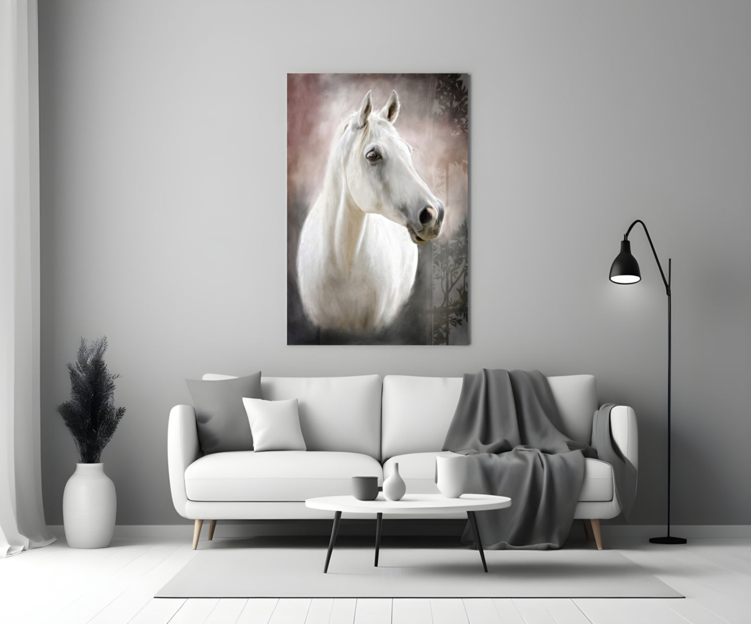 Serene White Horse Portrait Glass Wall Art