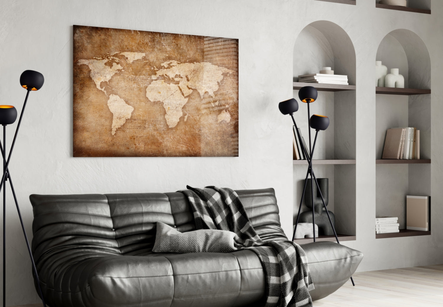 Rustic Brown Parchment World Map Glass Wall Art