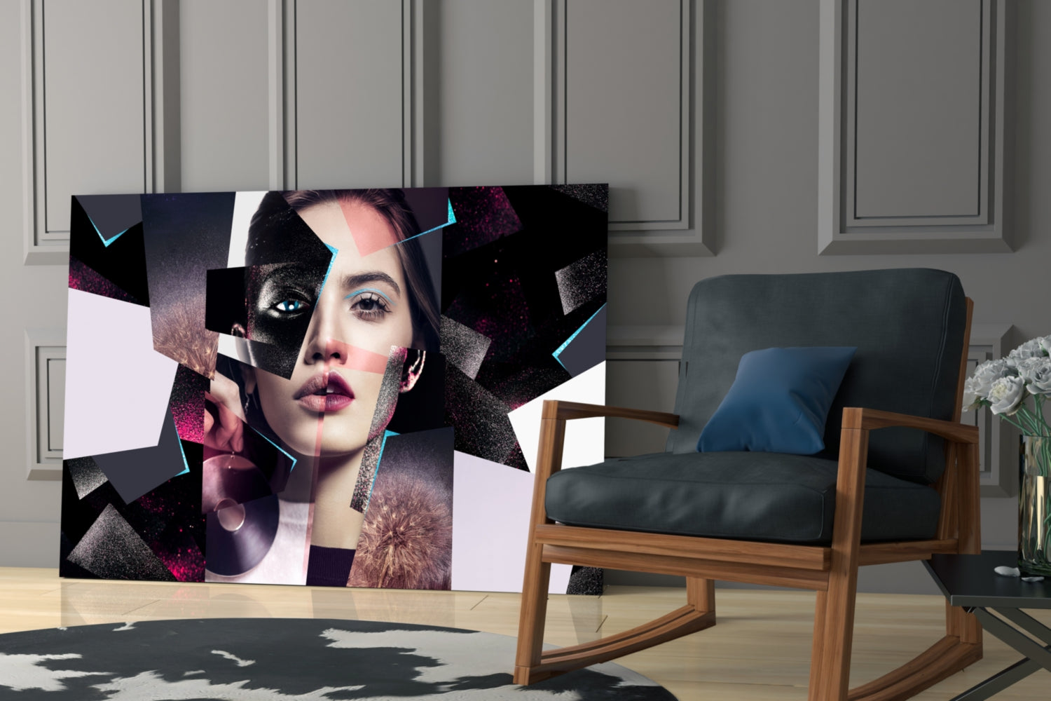 Pink Glitter Shard Collage Woman Face Glass Wall Art