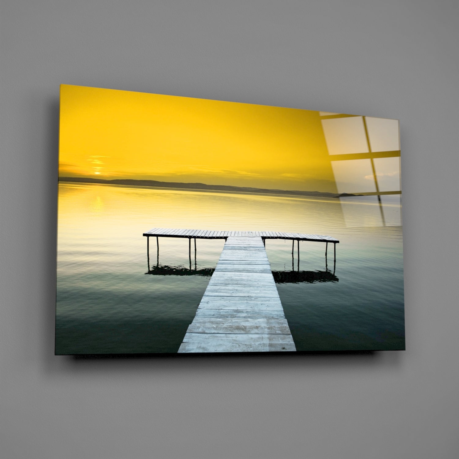 Golden Sunset Wooden Dock Glass Wall Art