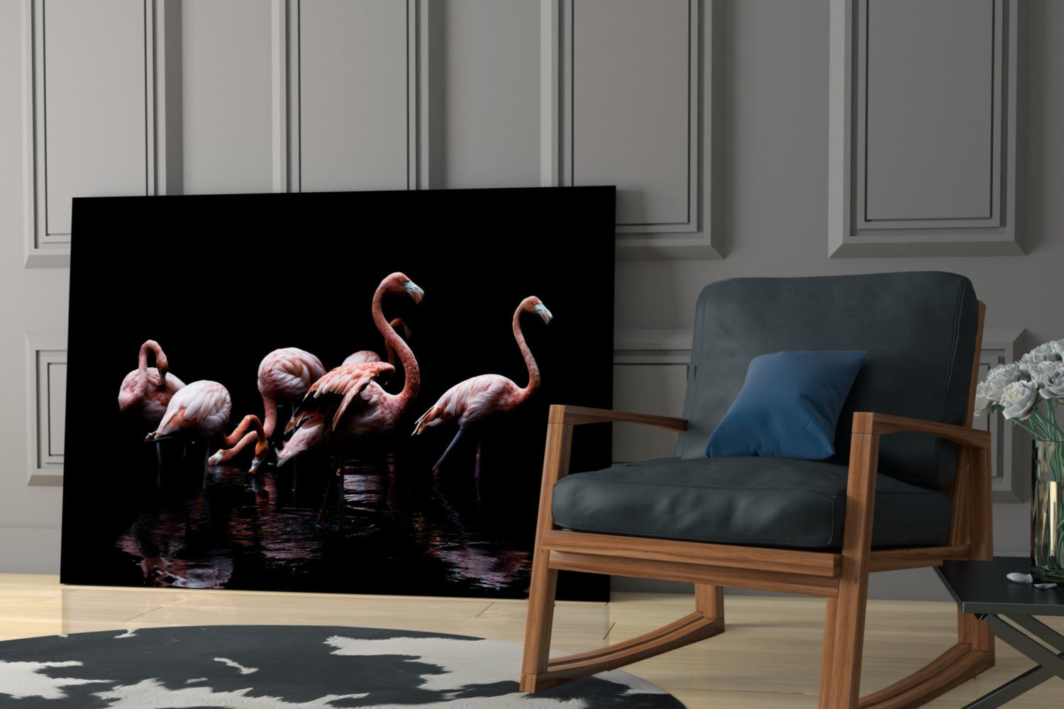 Black Background Wading Flamingos Glass Wall Art
