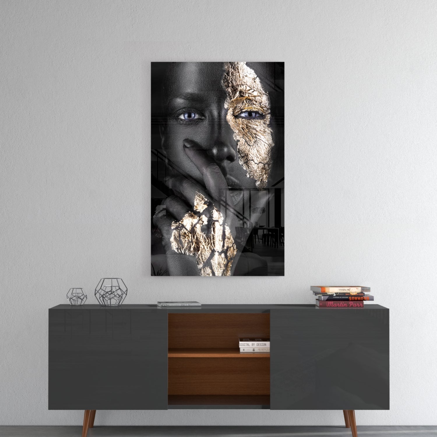 Cracked Gold Half Face Glass Wall Art